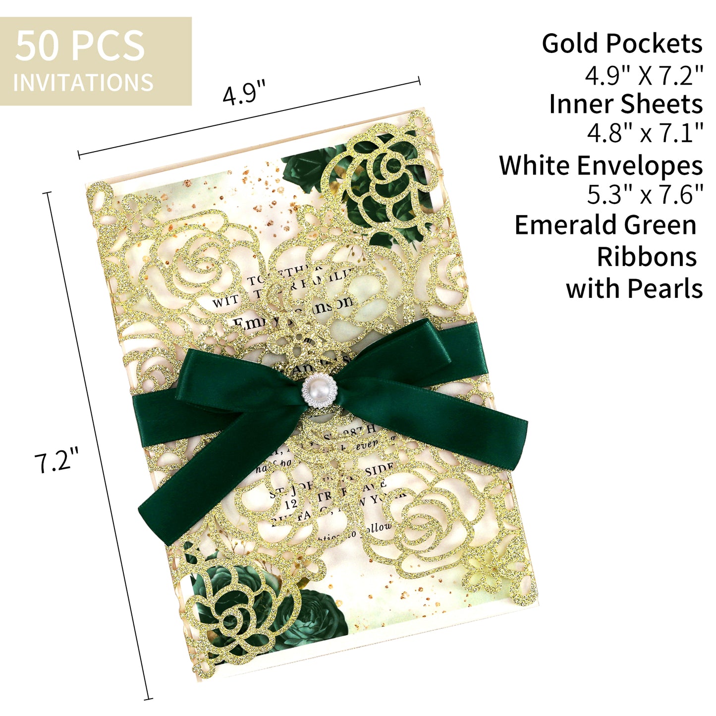 Gold Glitter Floral Laser cut invitation cards with Emerald Green Ribbon and Pearl for Wedding Anniversary