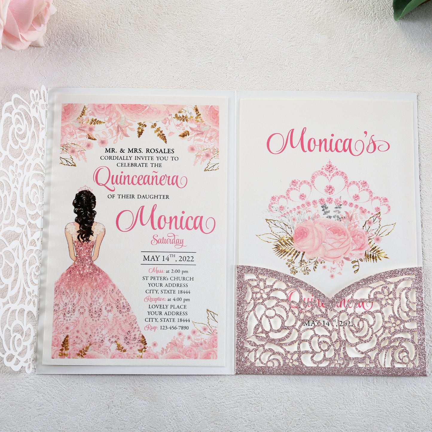 4.7 x7 inch Rose Gold Glitter Laser Cut Hollow Rose Wedding Invitations Cards with Glitter Pockets and Envelopes for Quincenera Birthday Party - DorisHome