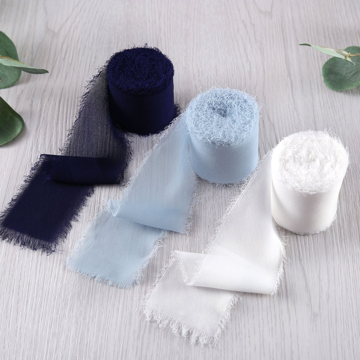 Handmade Fringe Chiffon Silk-Like Ribbon 2" x 7Yd Set of 3 Rolls Ribbons for Wedding Invitations, Bouquets, Gift Wrapping (3 Rolls Dark Navy Blue/Baby Blue/Ivory)