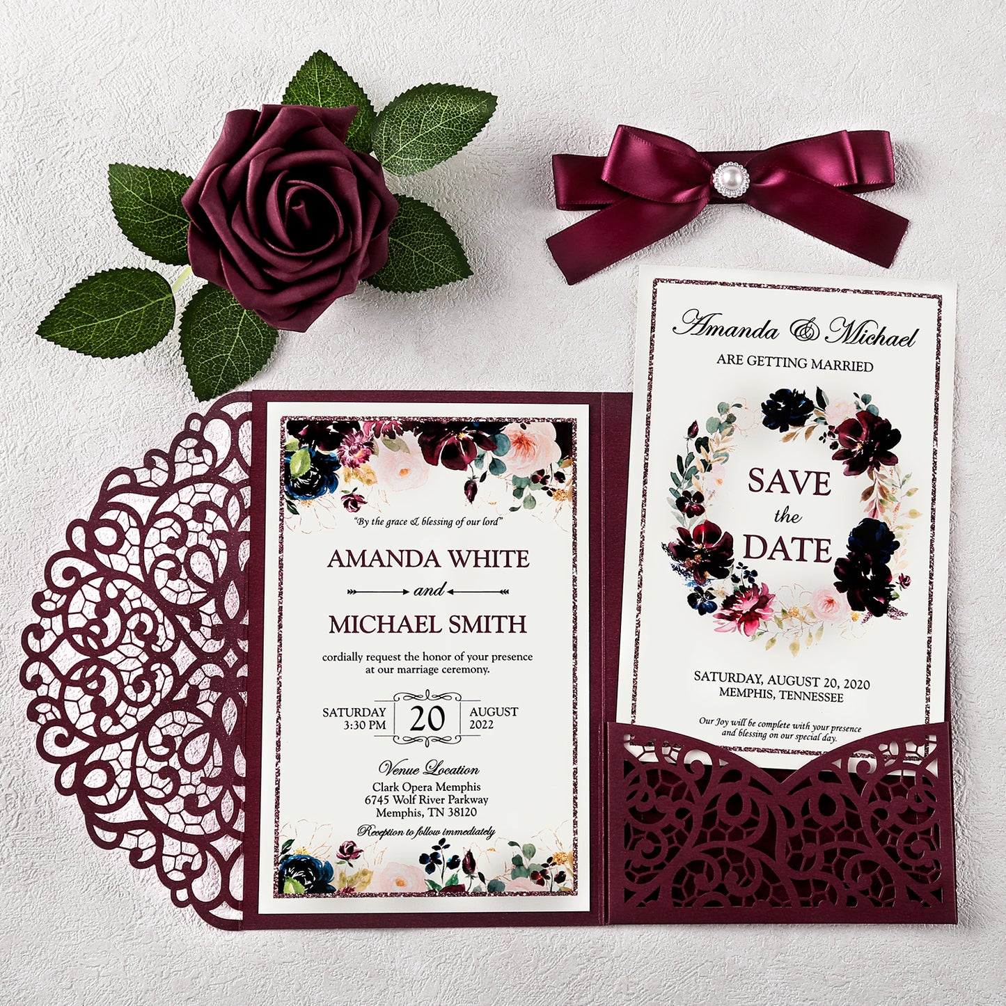 4.7 x7 inch Burgundy Laser Cut Hollow Rose Wedding Invitations Cards with Envelopes for Wedding Party