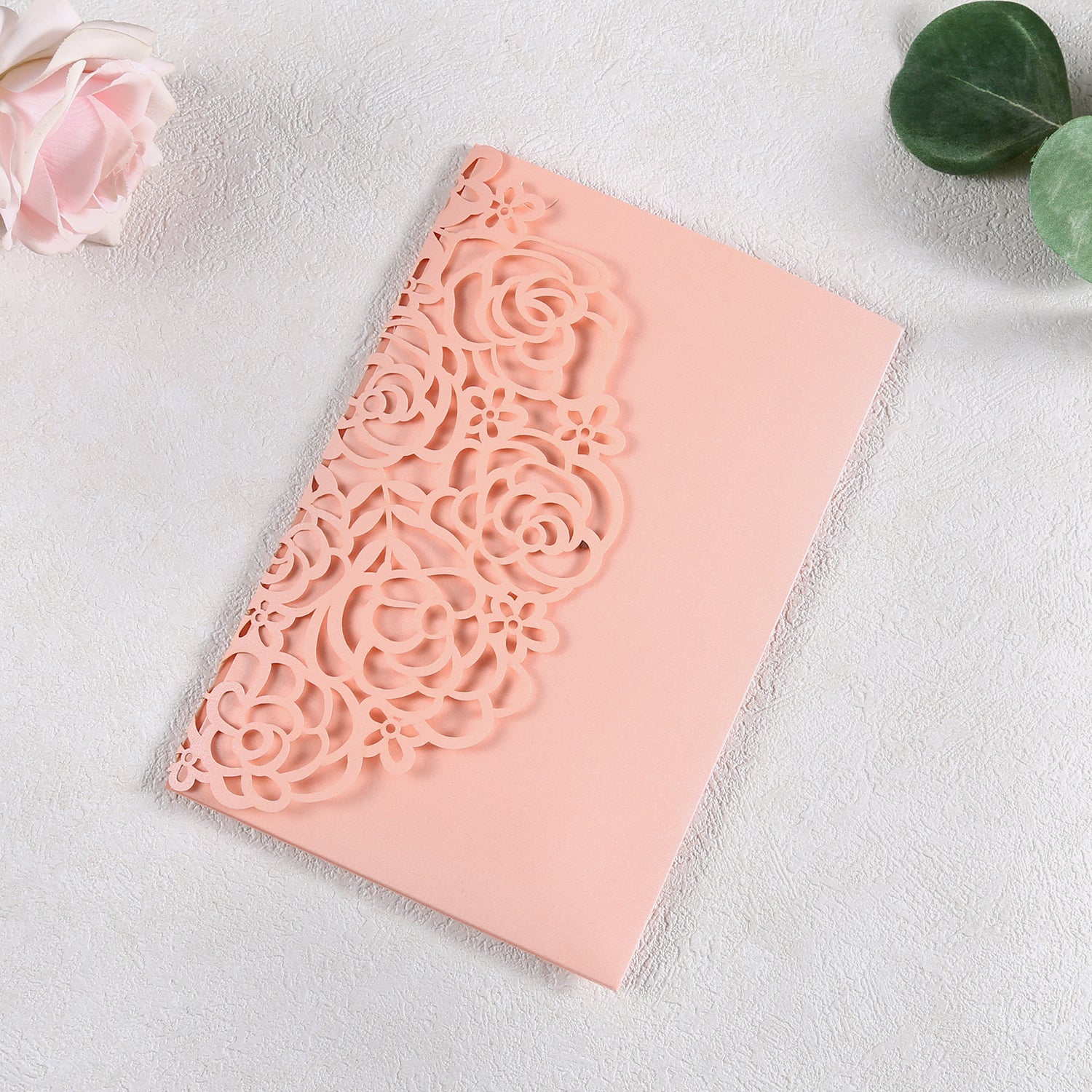 4.7 x7 inch Pink Laser Cut Hollow Rose Wedding Invitations Cards with Pearlized Pockets and Envelopes for Wedding Bridal Shower - DorisHome