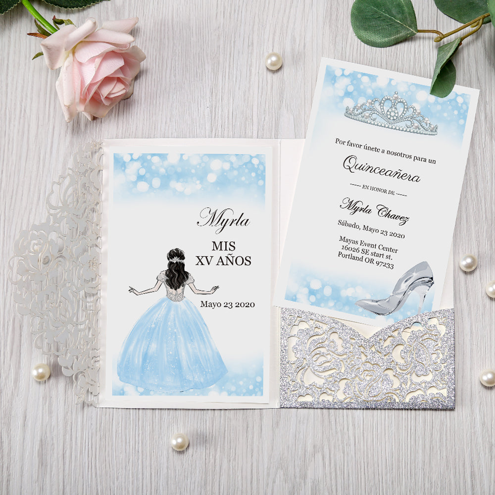 Glitter Silver Floral Laser cut invitation cards for Quinceanera - DorisHome