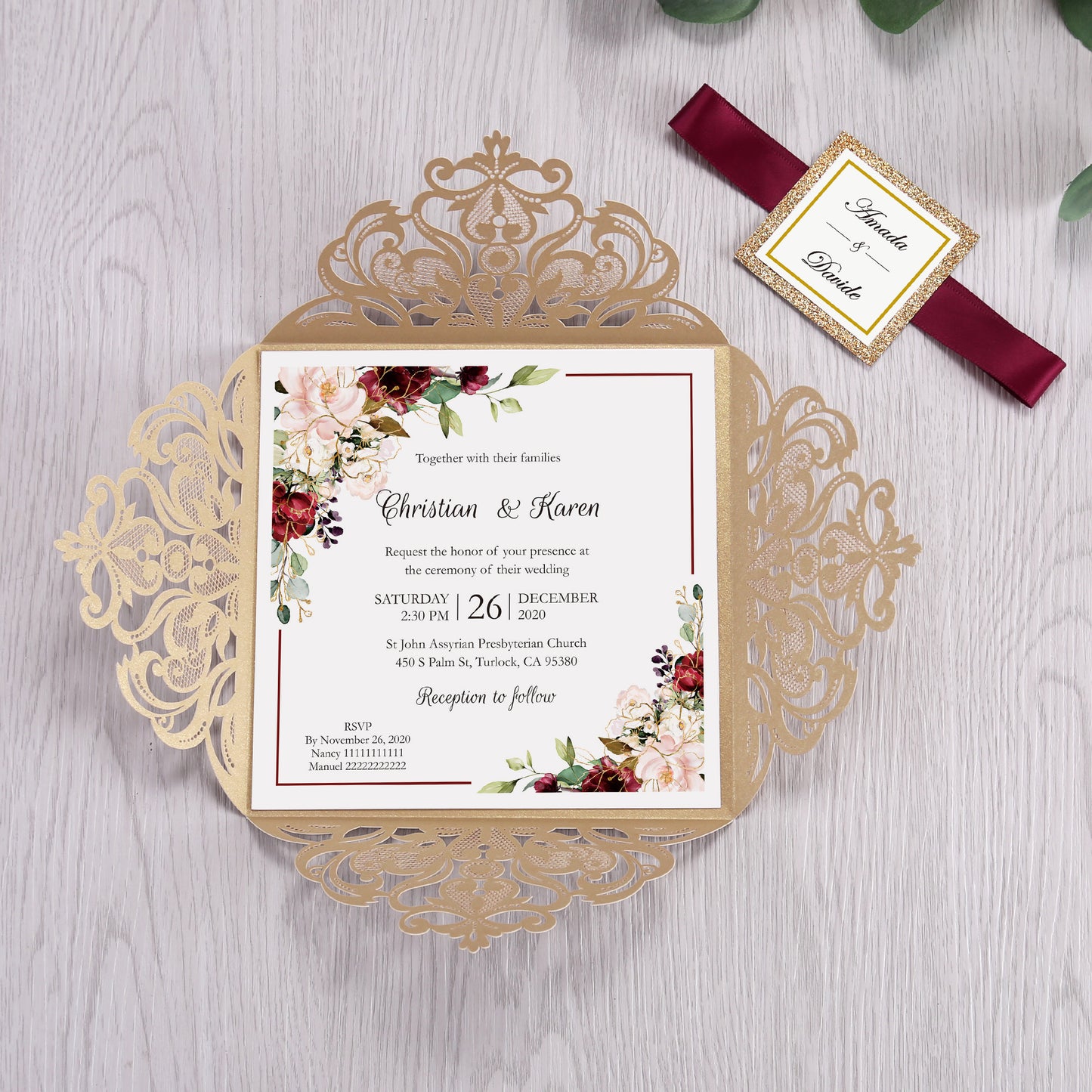 Square Gold Laser Cut Lace Flower Invitations Cards