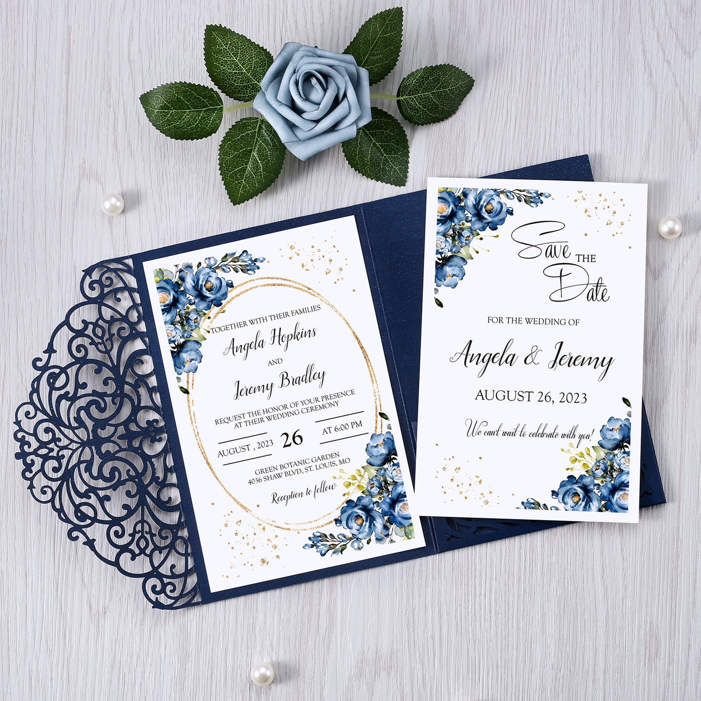 4.7 x7 inch Blue Laser Cut Hollow Rose Wedding Invitations Cards with Envelopes for Wedding Party - DorisHome
