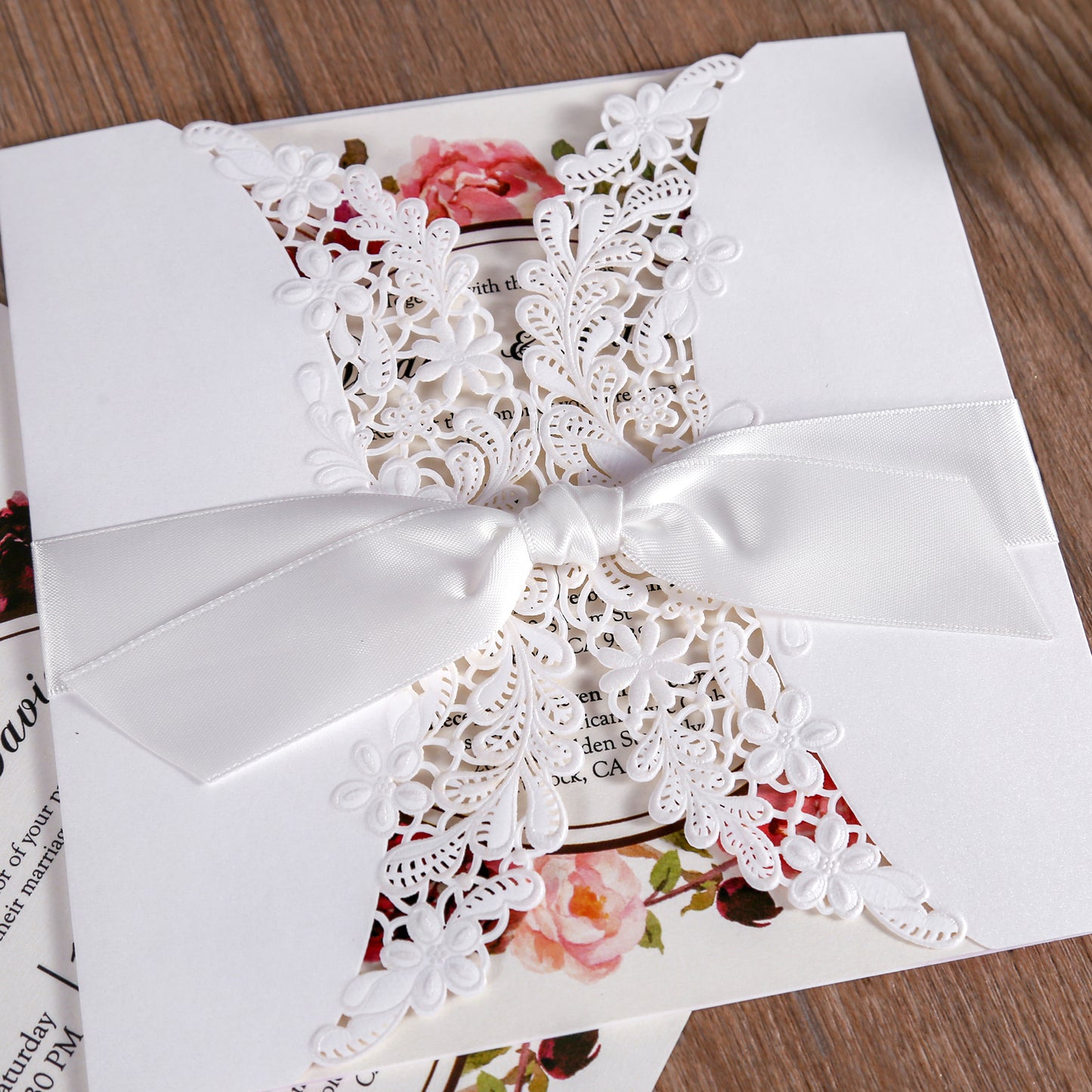 Laser cut Ivory White Hollow Flora Wedding Invitation with Bowknot