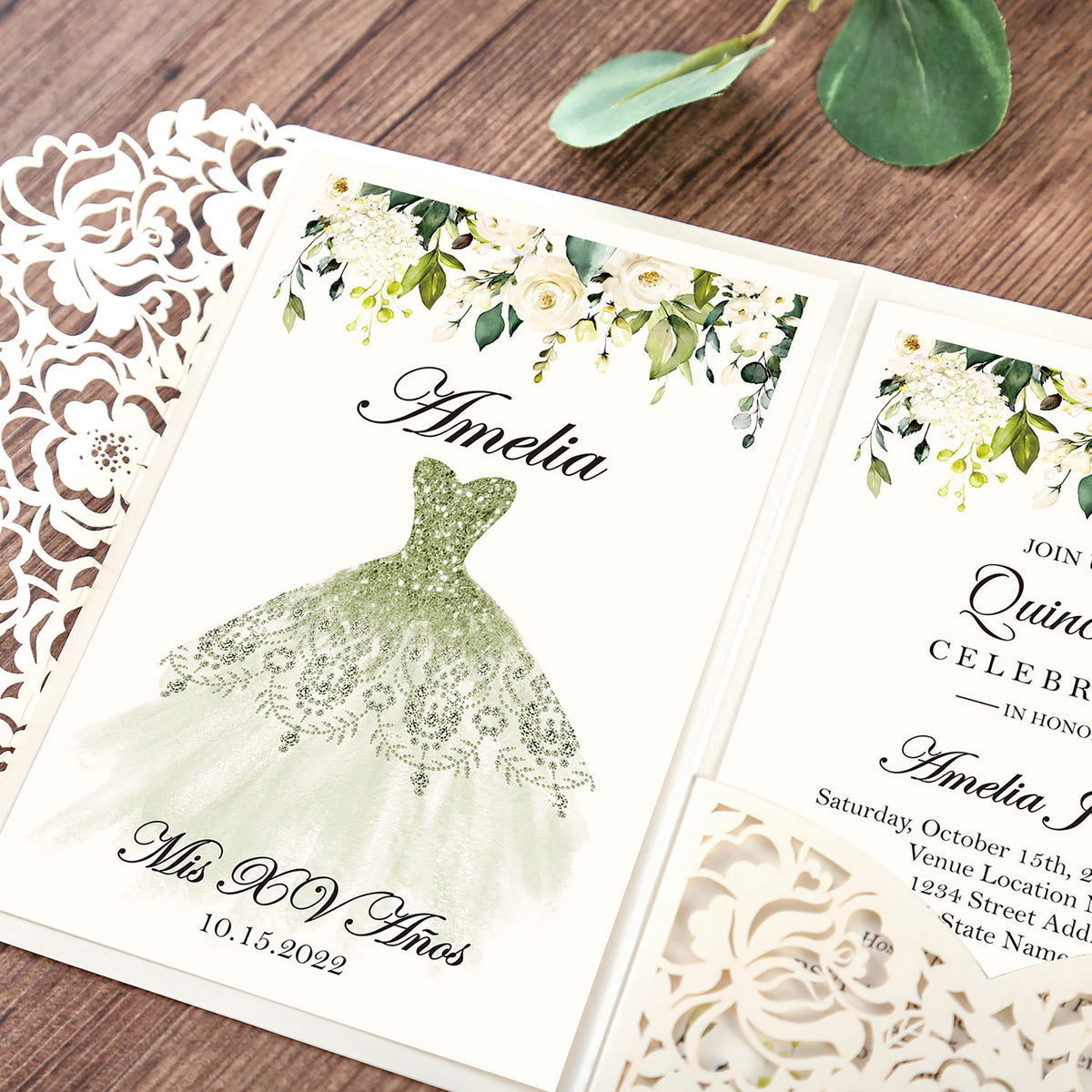 White Floral Laser cut green design invitation cards for Quinceanera