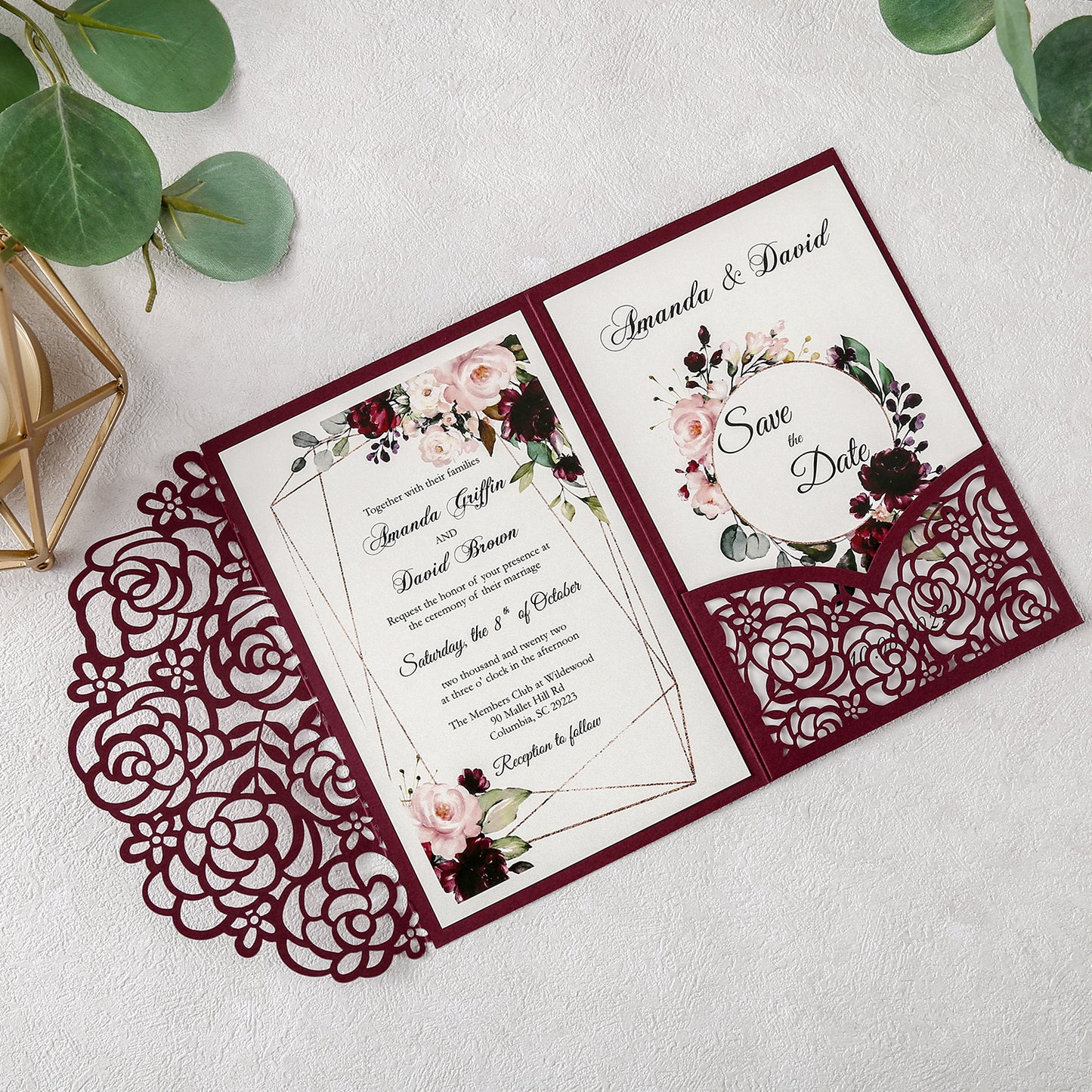 DreamBuilt 4.7 x7 inch Burgundy Laser Cut Hollow Rose Wedding Invitations Cards with Burgundy Pockets and Envelopes for Wedding Bridal Shower