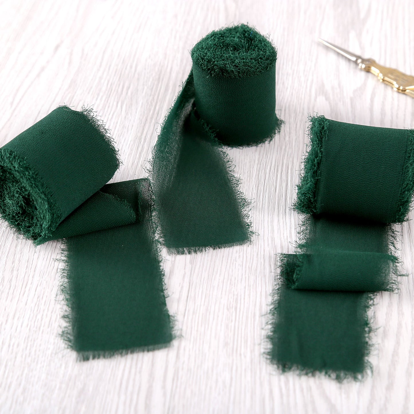 Handmade Fringe Chiffon Silk-Like Ribbon 2" x 7Yd Set of 3 Rolls Ribbons for Wedding Invitations, Bouquets, Gift Wrapping (3 Rolls Dark Green)
