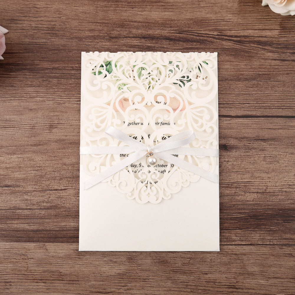 Vertical White Floral Laser cut invitations for Wedding Anniversary - DorisHome