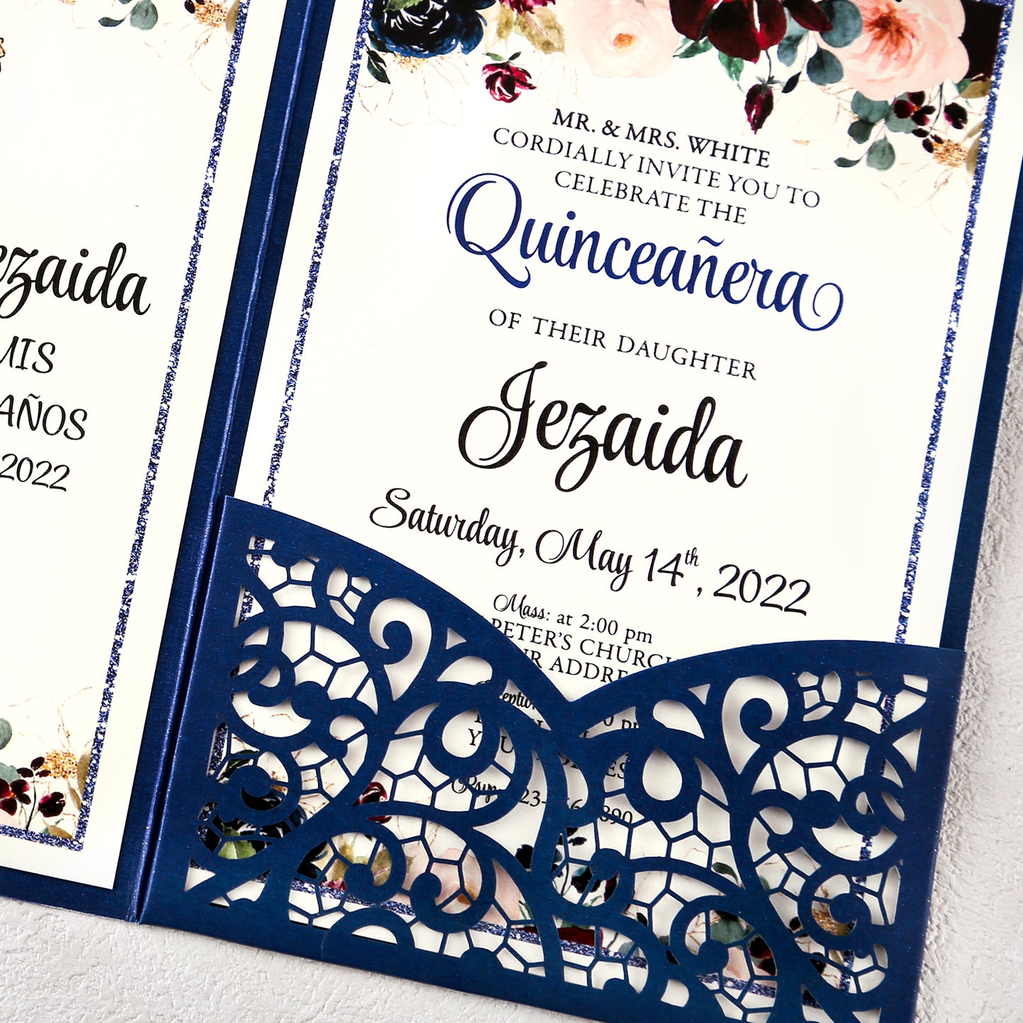 4.7 x7 inch Blue Laser Cut Hollow Rose Quinceanera Invitations Cards with Envelopes for Quinceanera Party