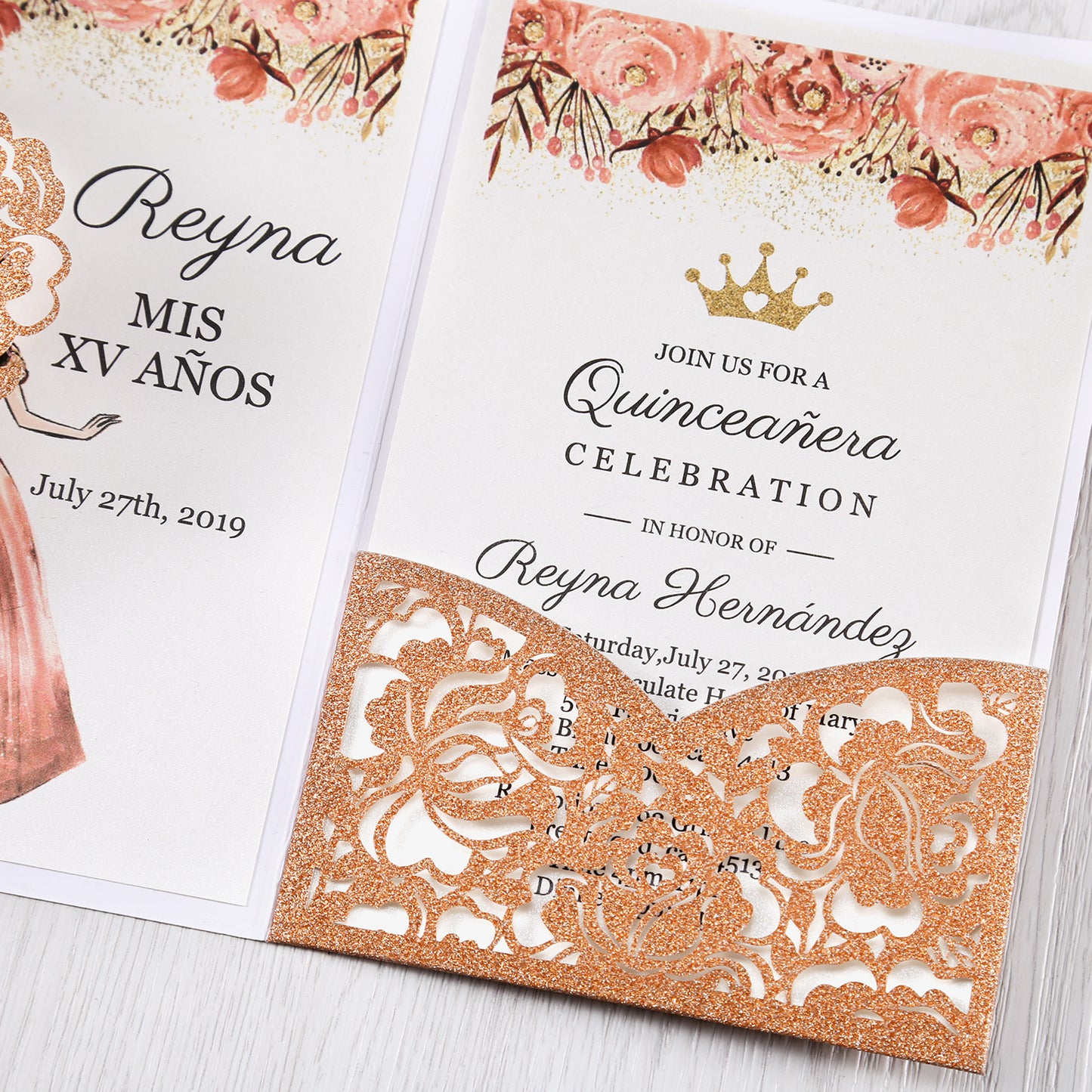 4.7 x7 inch Bronze Glitter Laser Cut Hollow Rose Quinceanera Invitations Cards with Envelopes