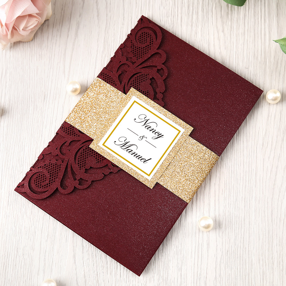 Pearlized Burgundy Floral Laser cut Wedding Invitation with Glitter Gold Bellyband for Wedding, Anniversary, Quinceanera - DorisHome