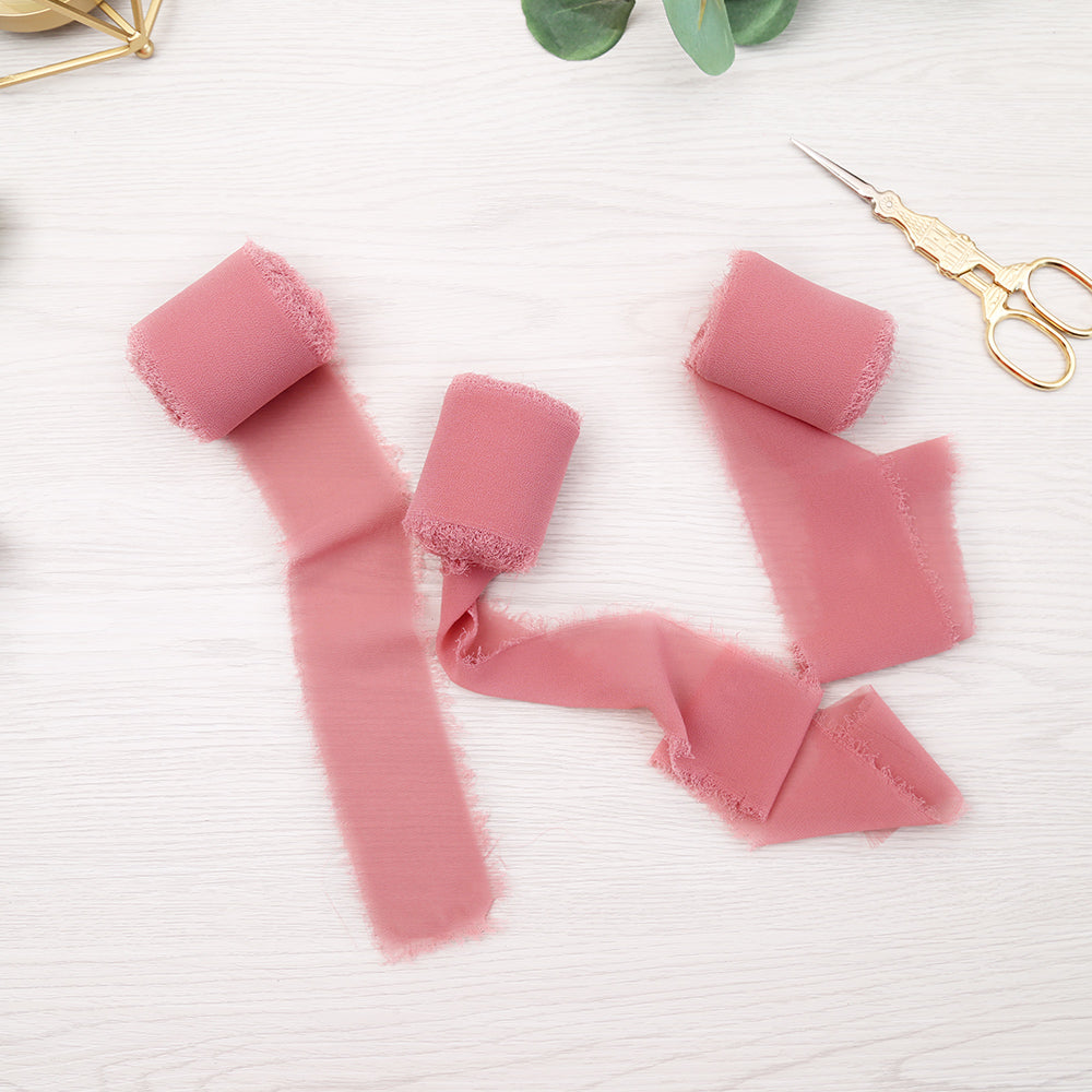 Handmade Fringe Chiffon Silk-Like Ribbon 2" x 7Yd Set of 3 Rolls Ribbons for Wedding Invitations, Bouquets, Gift Wrapping (3 Rolls Dusty Rose) - DorisHome