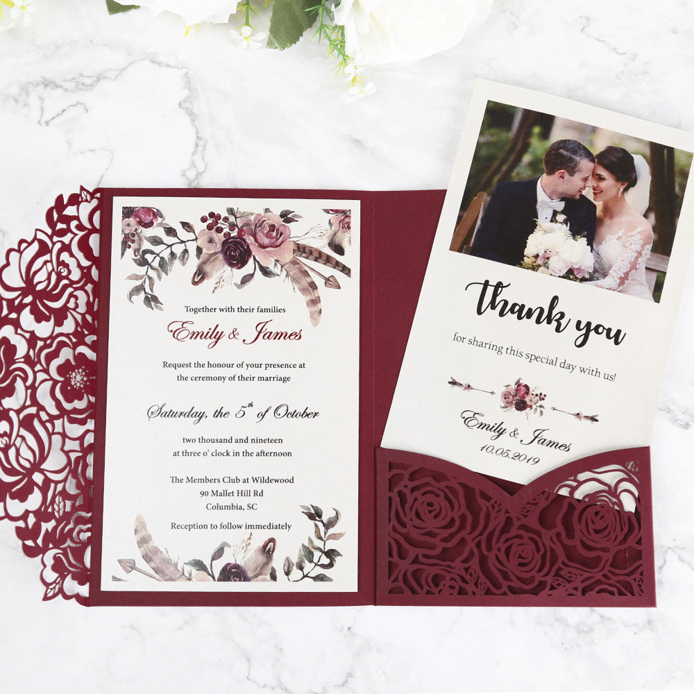 Burgundy Floral Laser cut invitation cards for Wedding - DorisHome