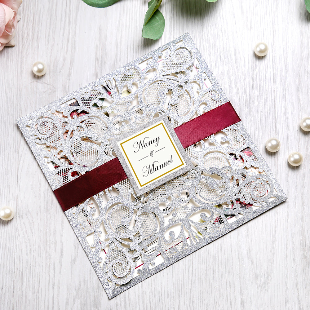 Square Glitter Sliver Wedding Invitations with Burgundy Ribbon Belly Band for Wedding - DorisHome
