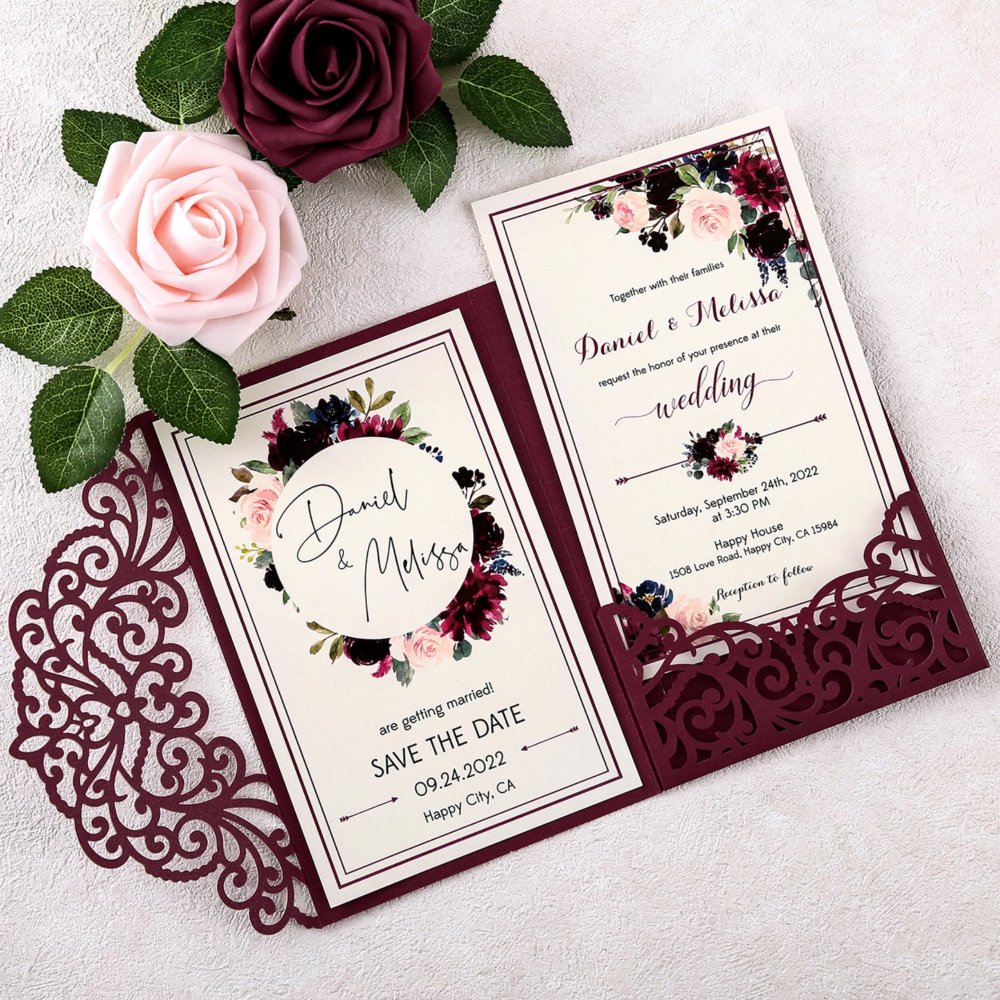 DreamBuilt 4.7 x7 inch Burgundy Laser Cut Wedding Invitations With Envelopes Kit Hollow Rose Pocket And Gold Glitter Belly Band for Wedding Bridal Shower Engagement Invite