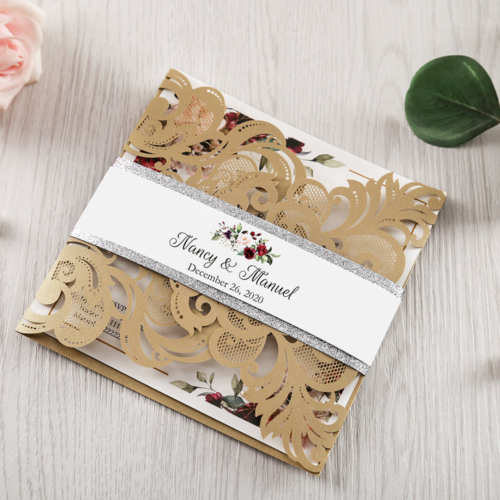 Square Gold Wedding Invitations with Belly Band for Wedding, Bridal Shower, Dinner - DorisHome