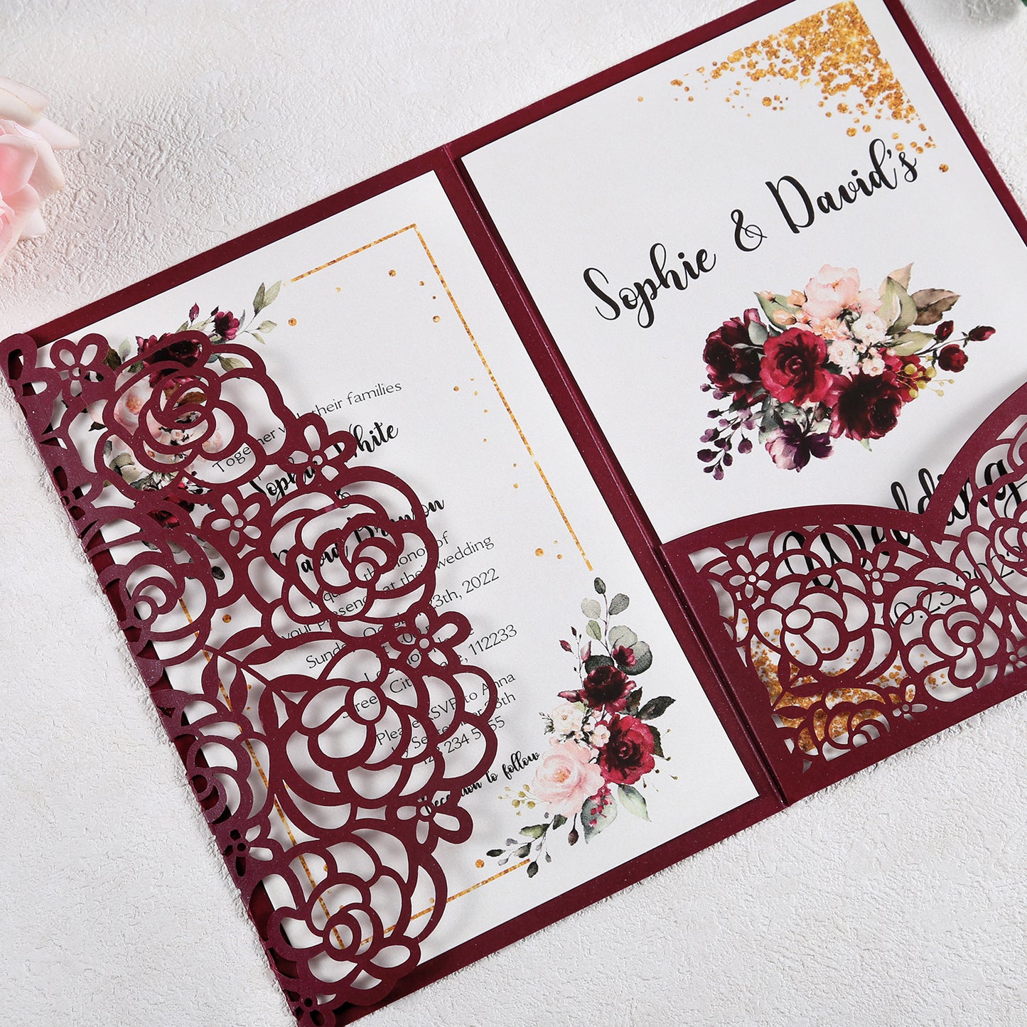 4.7 x7 inch Burgundy Laser Cut Hollow Rose Wedding Invitations Cards with Pearlized Pockets and Envelopes for Wedding Bridal Shower - DorisHome