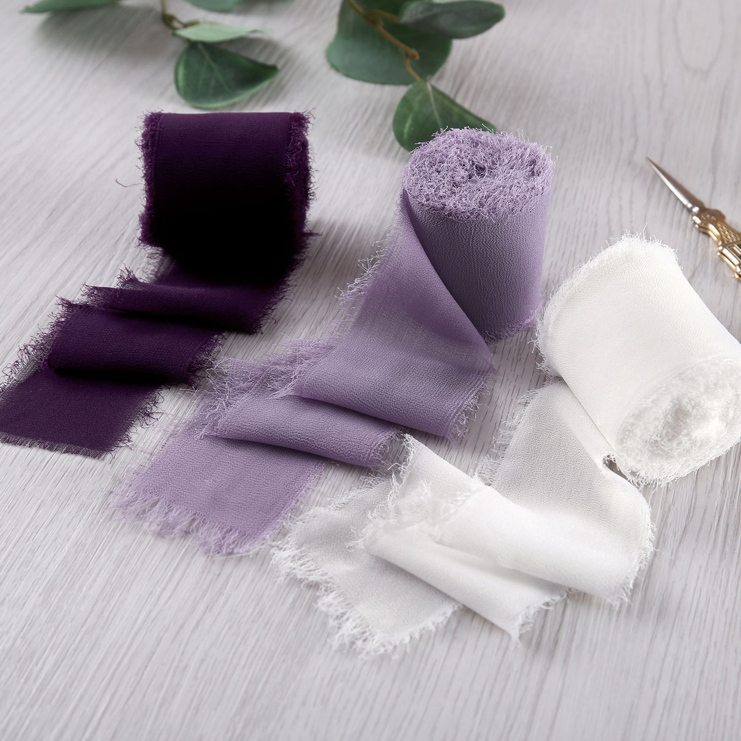 Handmade Fringe Chiffon Silk-Like Ribbon 2" x 7Yd Set of 3 Rolls Ribbons for Wedding Invitations, Bouquets, Gift Wrapping (3 Rolls Plum/Pastel Purple/Ivory)