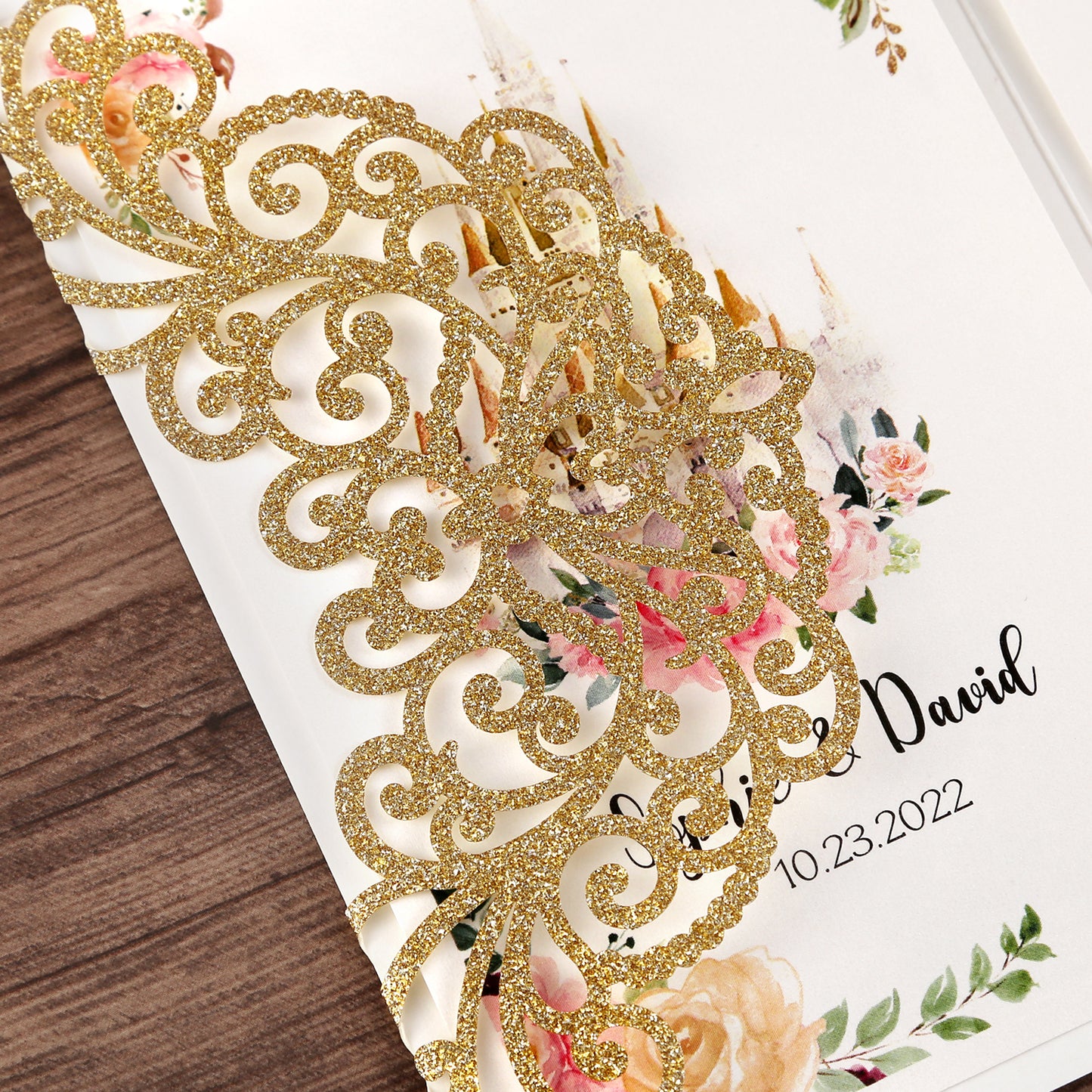 DreamBuilt 4.7 x7 inch Gold Glitter Laser Cut Wedding Invitations With Envelopes Kit Hollow Rose Pocket And Burgundy Ribbon Belly Band for Wedding Bridal Shower Engagement Invite