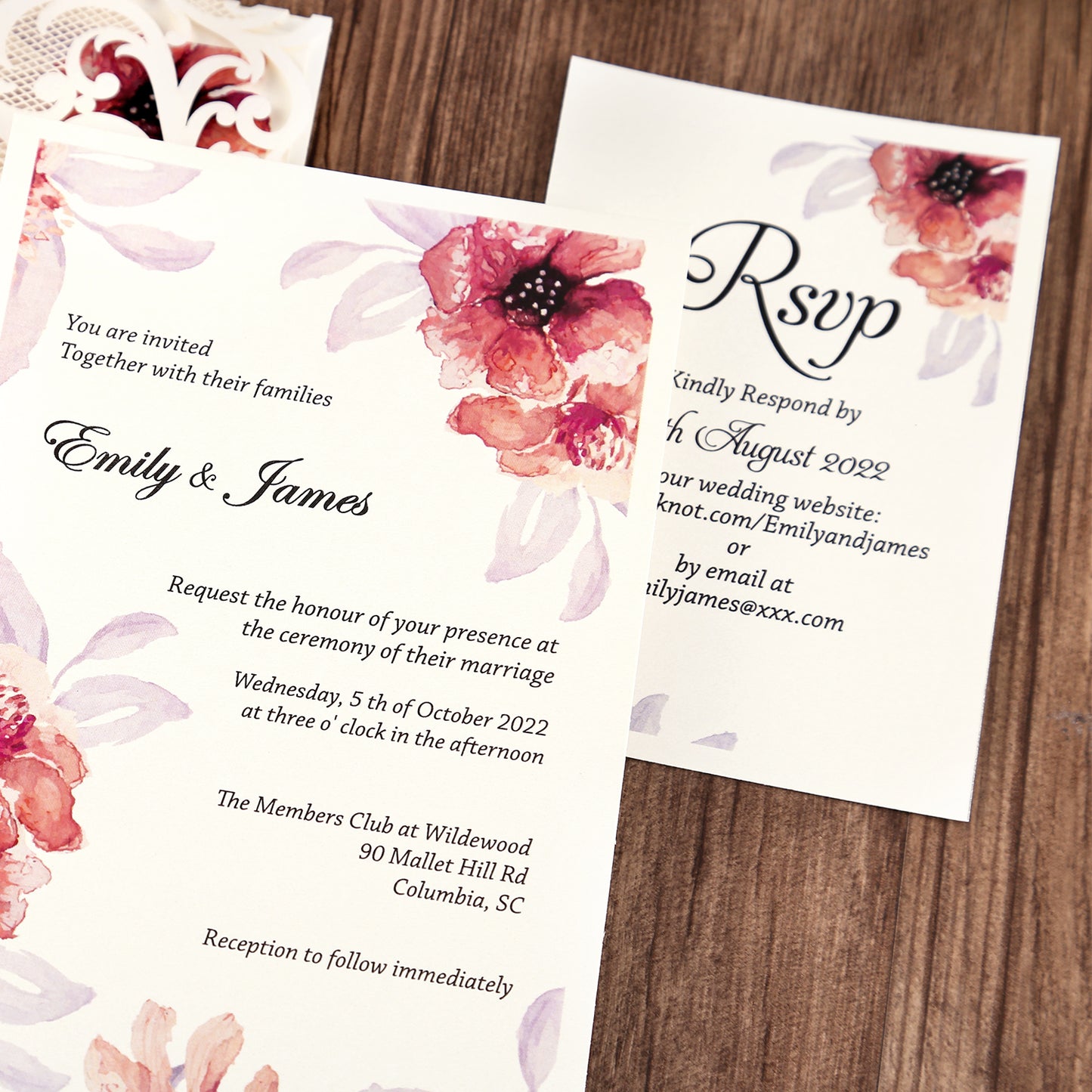 Vertical Ivory White Wedding Invitation With Rhinestone & Laser Cut Flower