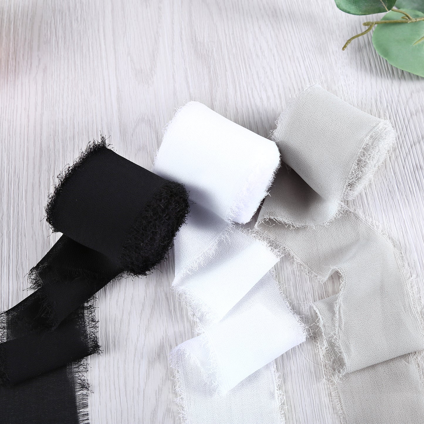 Handmade Fringe Chiffon Silk-Like Ribbon 2" x 7Yd Set of 3 Rolls Ribbons for Wedding Invitations, Bouquets, Gift Wrapping (3 Rolls Black/White/Light Grey)