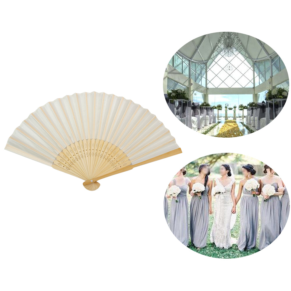 50pcs Satin Silk Folding Hand Held Bamboo Fans with Names for Summer Wedding Favor, Ivory - DorisHome
