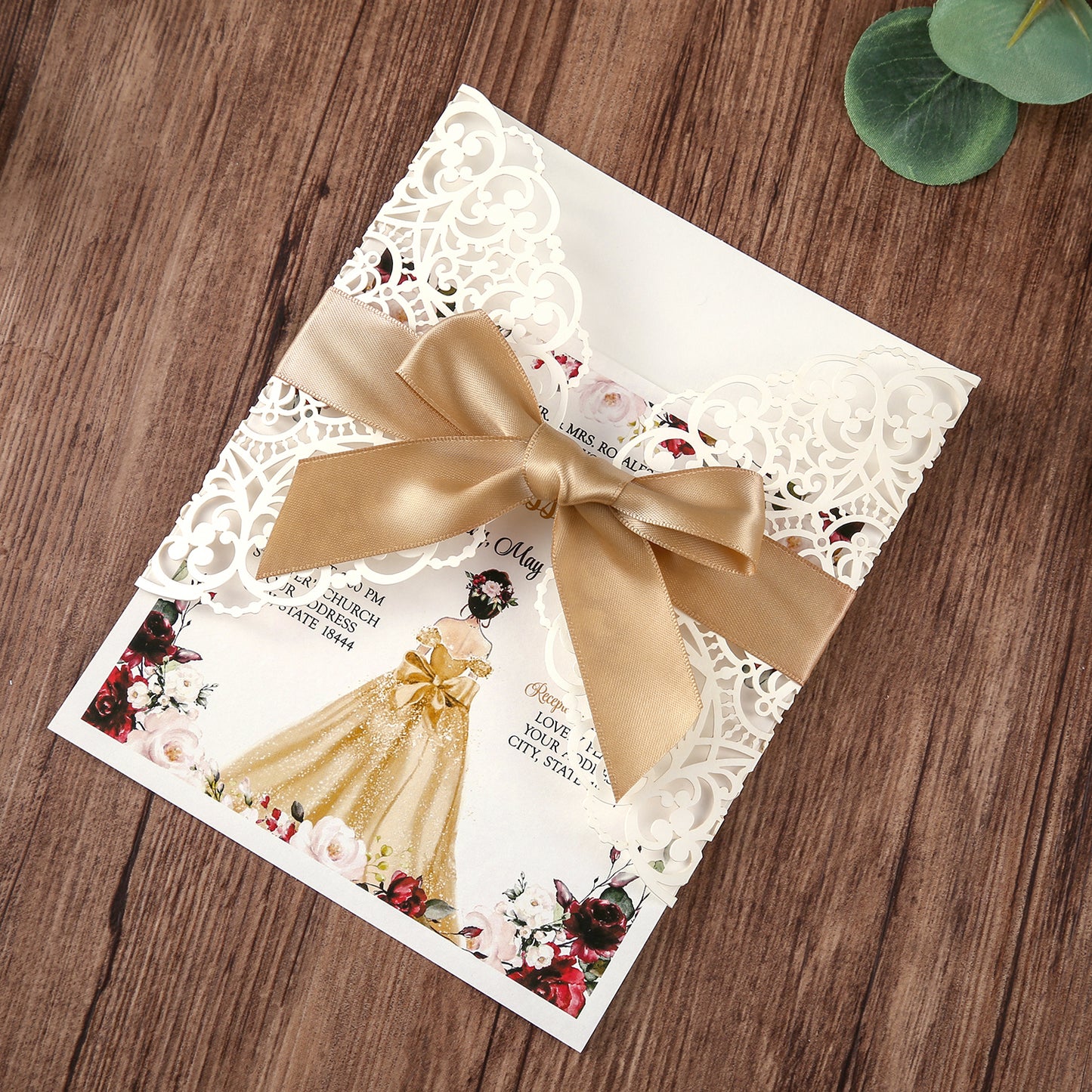Square Wedding Invitations Cards with Gold Ribbon For Quinceanera - DorisHome