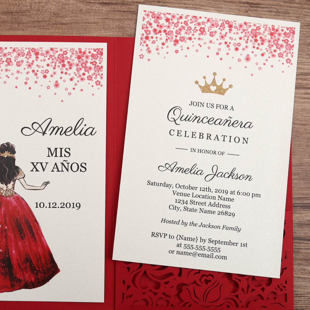Red Floral Laser cut invitation cards for Quinceanera - DorisHome