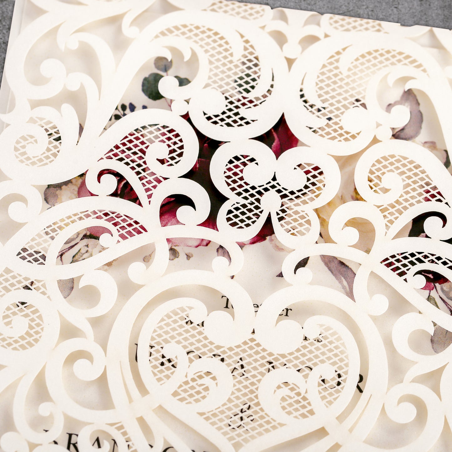 Vertical Burgundy Floral Laser cut invitations for Wedding Anniversary