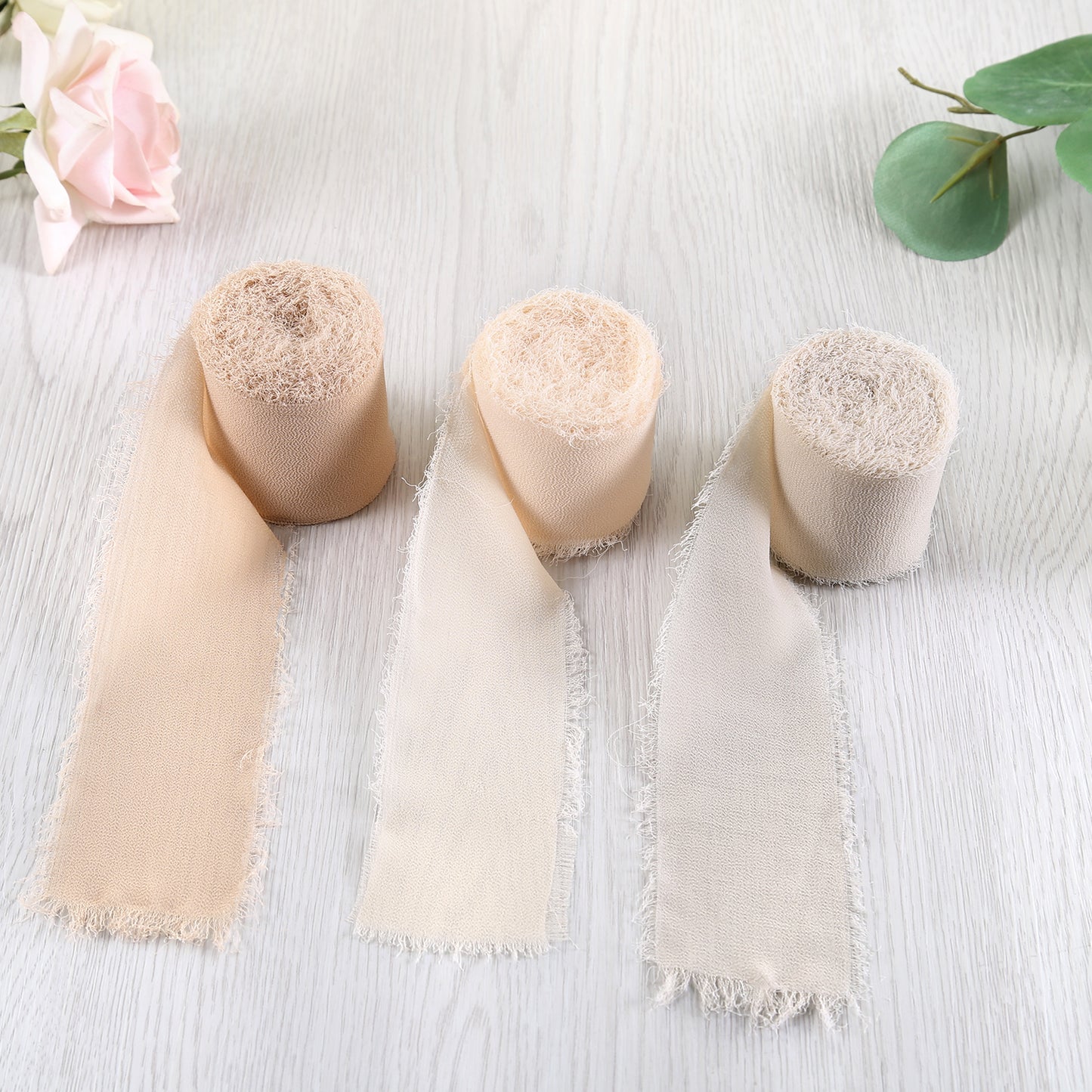 Handmade Fringe Chiffon Silk-Like Ribbon 2" x 7Yd Set of 3 Rolls Ribbons for Wedding Invitations, Bouquets, Gift Wrapping (3 Rolls Nude/Cream/Sand Color)