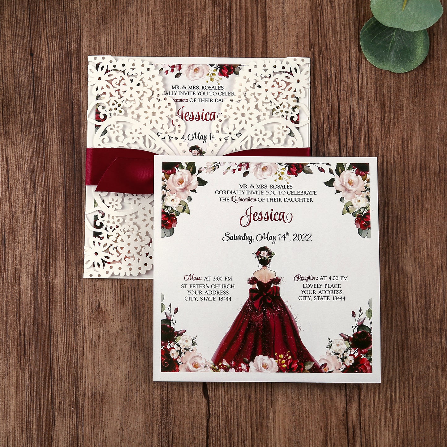 Square Invitations Cards With Burgundy Ribbon For Quinceanera - DorisHome