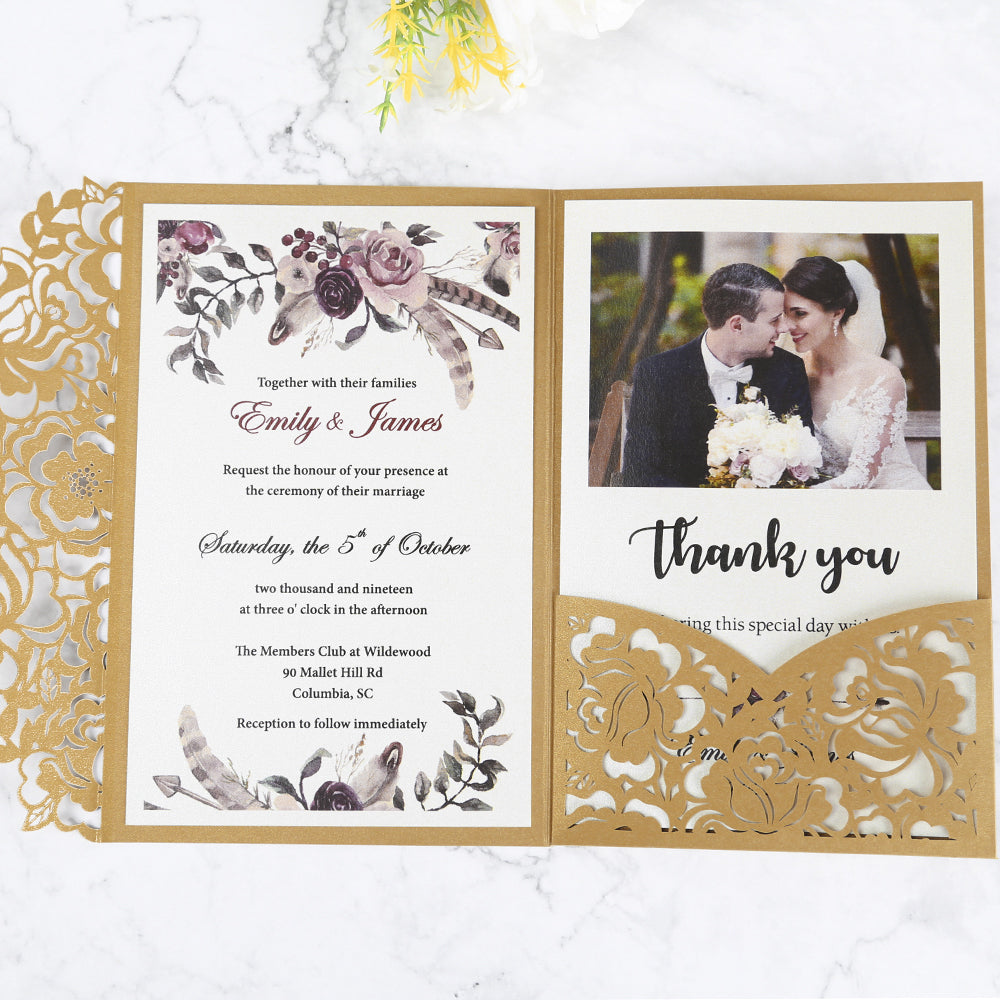 Gold Floral Laser cut invitation cards for Wedding, Anniversary - DorisHome