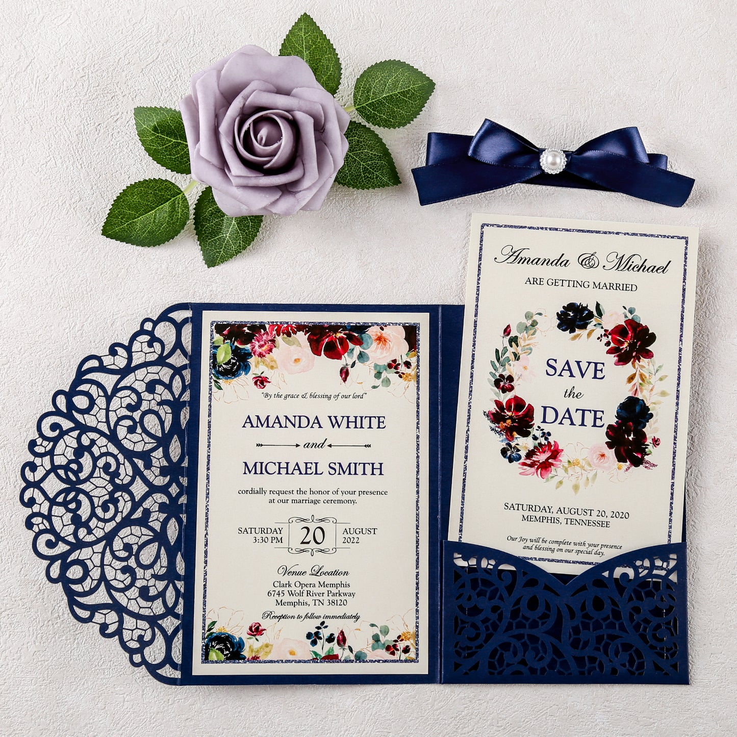 4.7 x7 inch Blue Laser Cut Hollow Rose Wedding Invitations Cards with Envelopes for Wedding Party