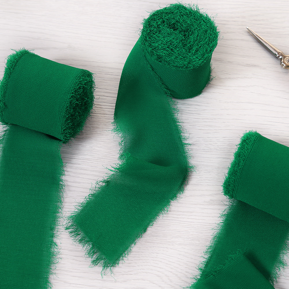 Handmade Fringe Chiffon Silk-Like Ribbon 2" x 7Yd Set of 3 Rolls Ribbons for Wedding Invitations, Bouquets, Gift Wrapping (3 Rolls Light Green) - DorisHome