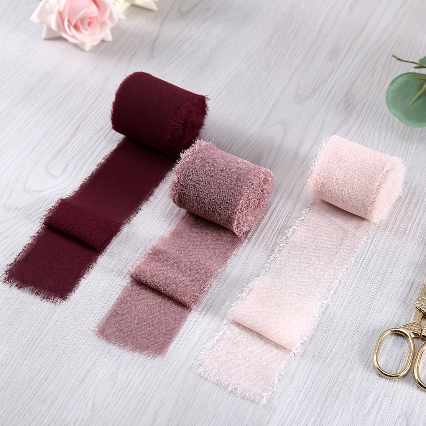 Handmade Fringe Chiffon Silk-Like Ribbon 2" x 7Yd Set of 3 Rolls Ribbons for Wedding Invitations, Bouquets, Gift Wrapping (3 Rolls Burgundy/Mauve/Pink)