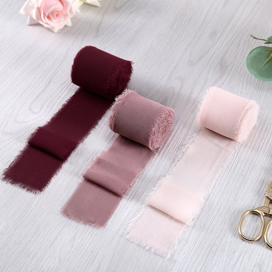 Handmade Fringe Chiffon Silk-Like Ribbon 2" x 7Yd Set of 3 Rolls Ribbons for Wedding Invitations, Bouquets, Gift Wrapping (3 Rolls Burgundy/Mauve/Pink)