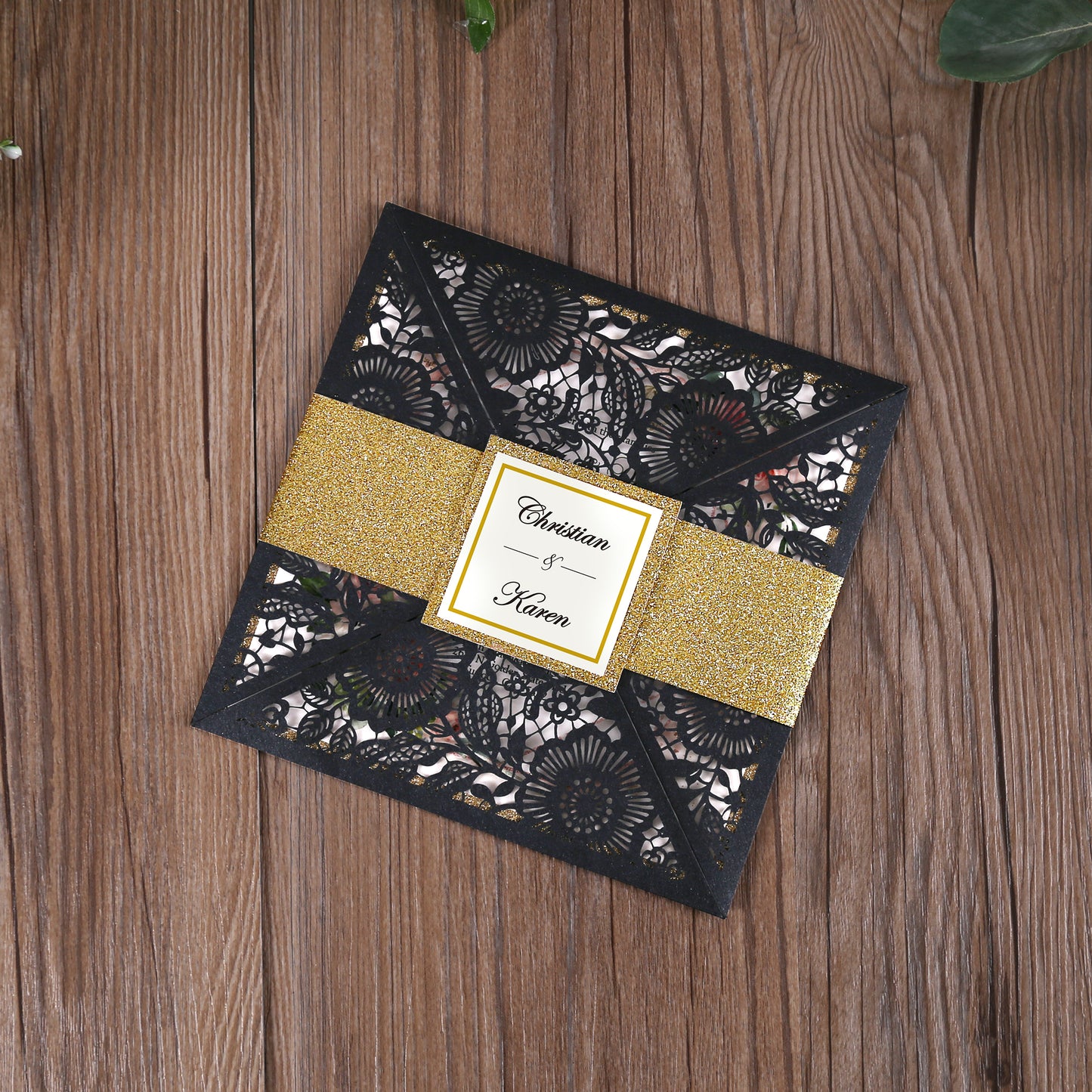 Square Black Lase-cut Lace Flower Pattern Wedding Invitations