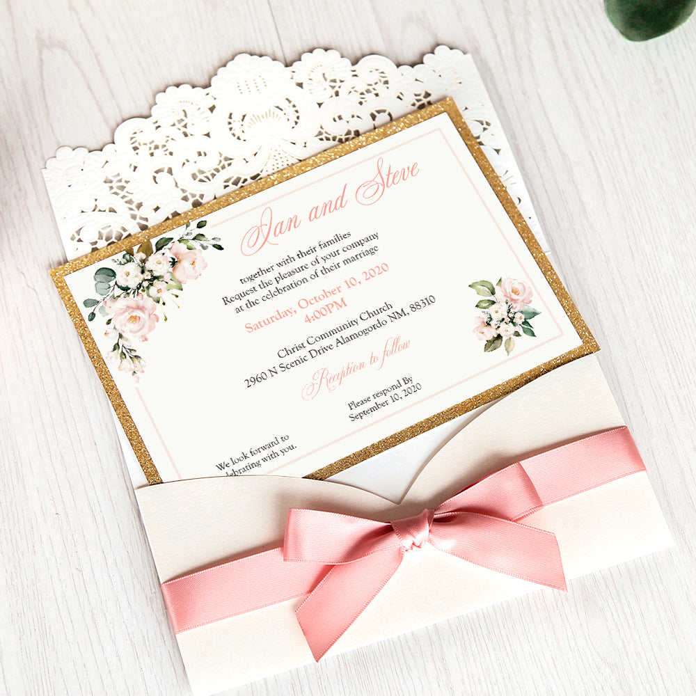 White Hollow Flora Laser Cut Invitations with Gold Glitter Border and Pink Ribbons for wedding,bridal shower - DorisHome