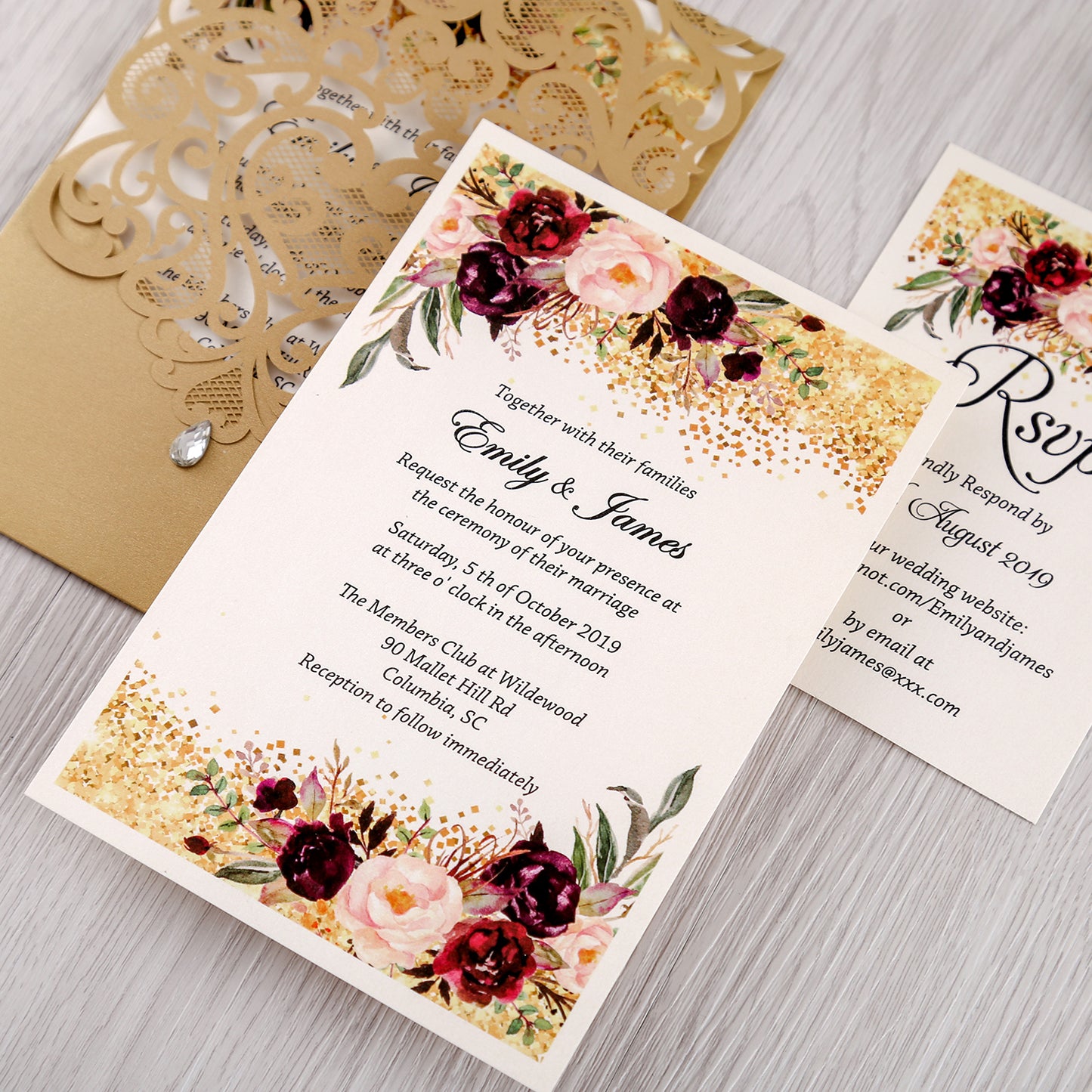 Gold Wedding Invitation With Rhinestone & Laser Cut Flower