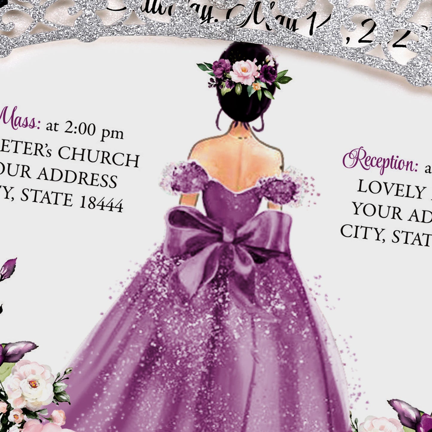DreamBuilt Silver Glitter Invitations Purple Greeting Cards For Quinceanera