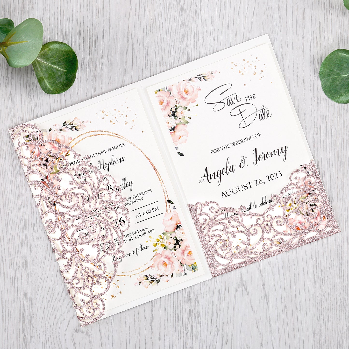 4.7 x7 inch Rose Gold Glitter Laser Cut Hollow Rose Wedding Invitations Cards with Glitter Pockets and Envelopes for Wedding Party - DorisHome
