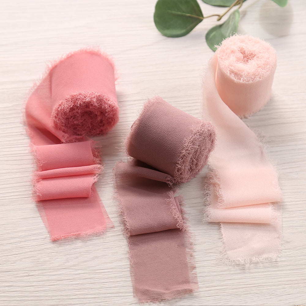 Handmade Fringe Chiffon Silk-Like Ribbon 2" x 7Yd Set of 3 Rolls Ribbons for Wedding Invitations, Bouquets, Gift Wrapping (3 Rolls Dusty Rose/Mauve/Pink) - DorisHome