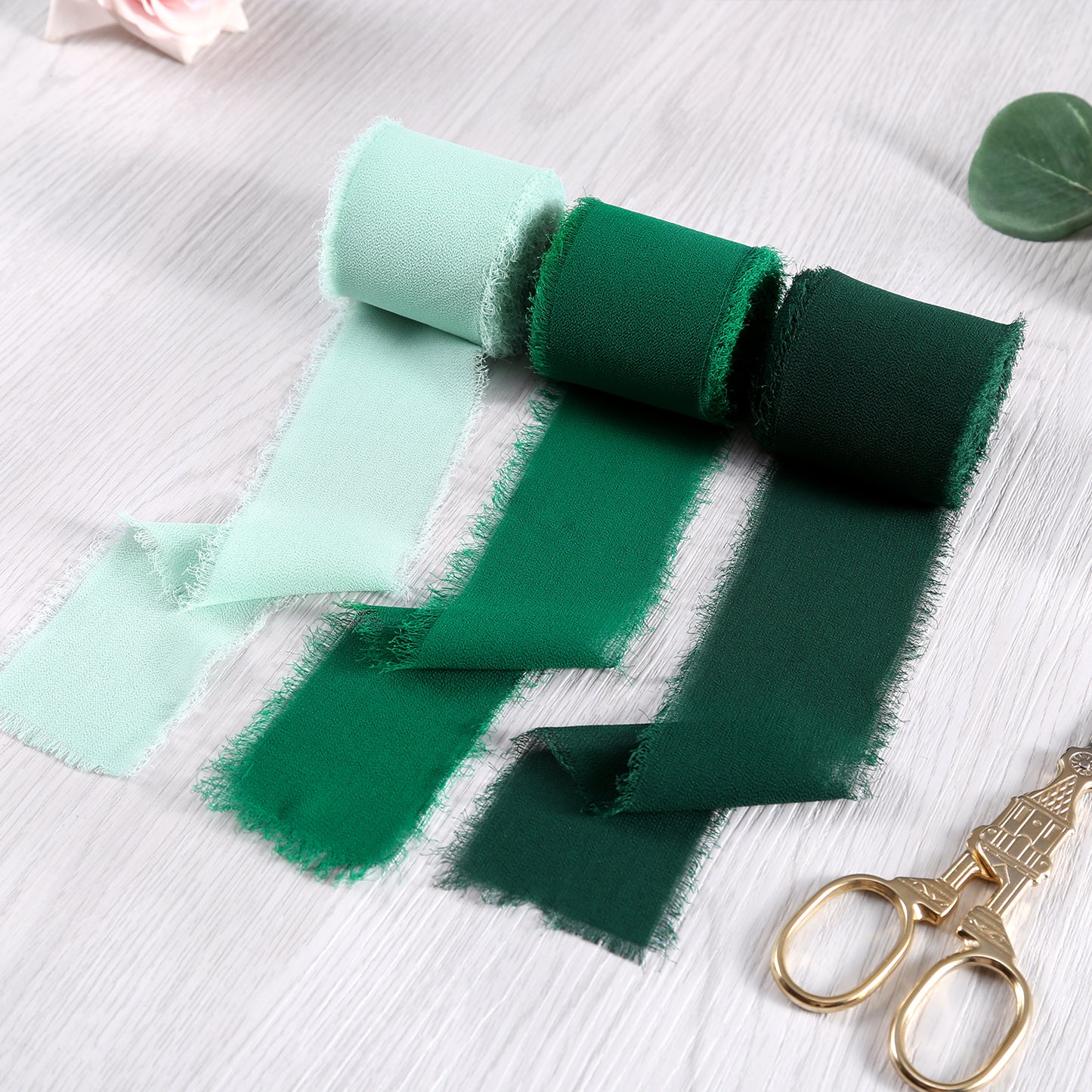 Handmade Fringe Chiffon Silk-Like Ribbon 2" x 7Yd Set of 3 Rolls Ribbons for Wedding Invitations, Bouquets, Gift Wrapping (3 Rolls Dark Green/Forest Green/Mint Green)