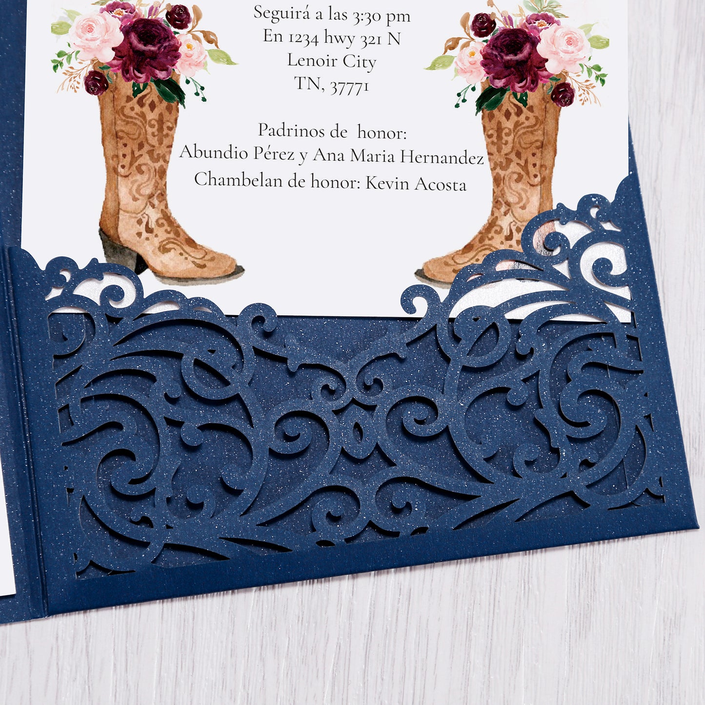 4.7 x7 inch Blue Laser Cut Hollow Rose Quinceanera Invitations Cards with Envelopes for Birthday Sweet 16