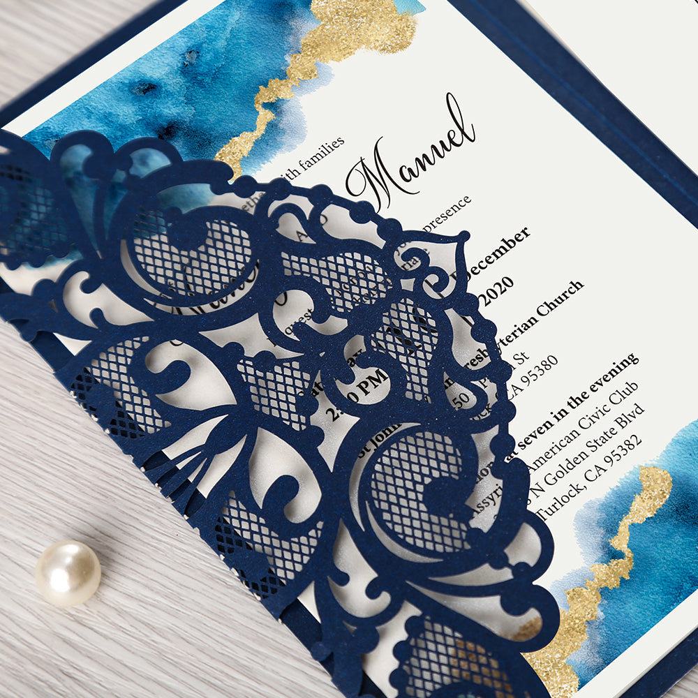 Pearlized Blue Floral Laser cut Wedding Invitation with Glitter Gold Bellyband for Wedding, Anniversary, Quinceanera - DorisHome
