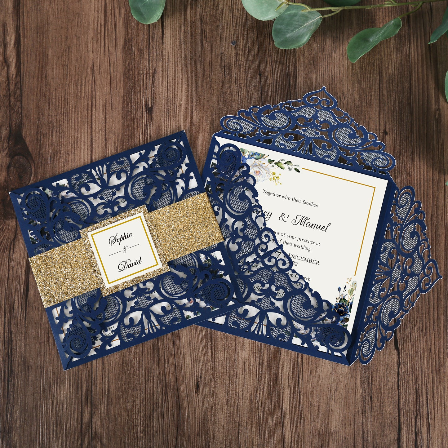 DreamBuilt Square Blue Wedding Invitations with Glitter Belly Band for Wedding