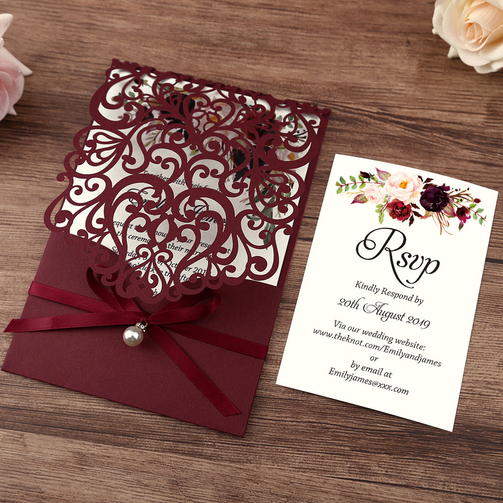 Burgundy Floral Laser cut invitation cards with ribbon bellyb band and pearl for wedding - DorisHome