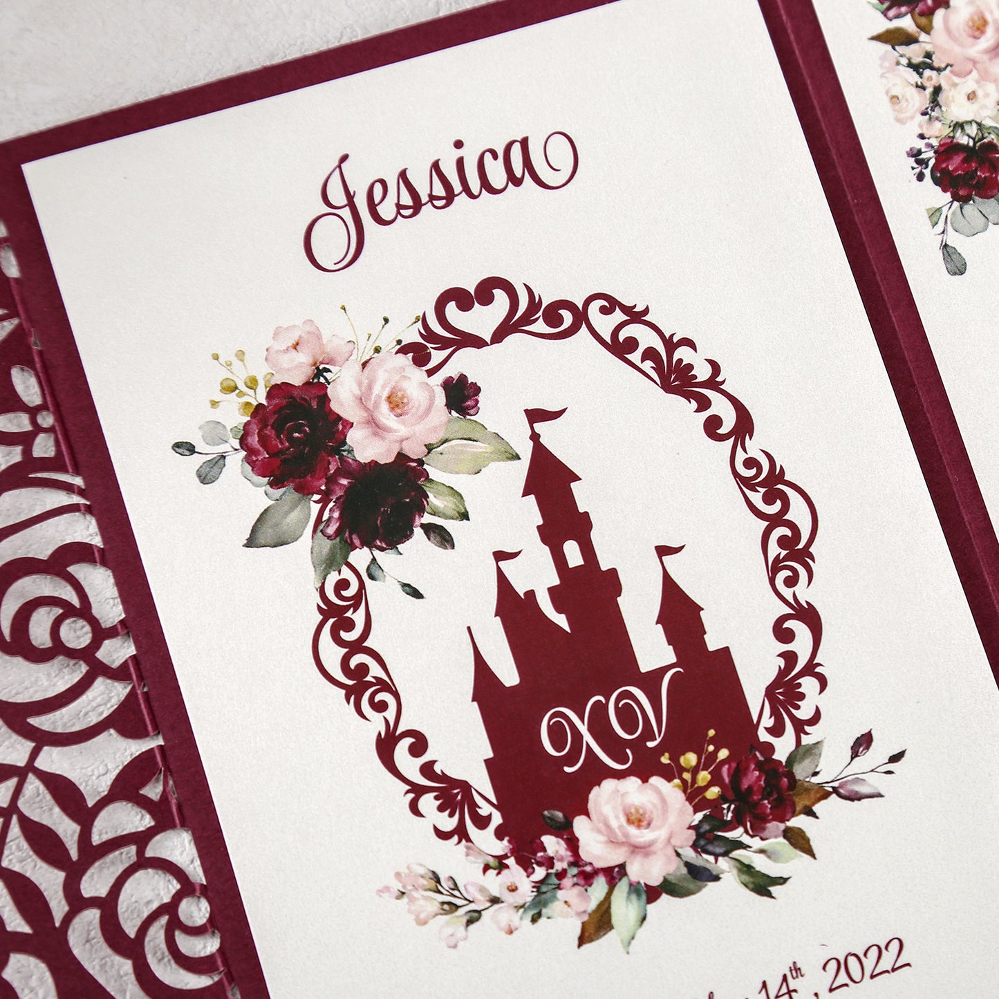 DreamBuilt 4.7 x7 inch Burgundy Laser Cut Hollow Rose Quinceanera Invitations Cards with Burgundy Pockets and Envelopes for Quinceanera Invite