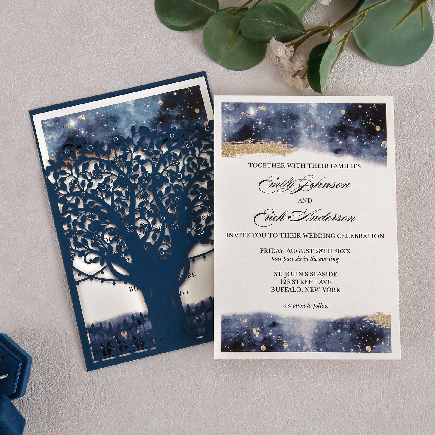 Laser Cut Wedding Invitations with Envelopes Navy Blue, Personalized Pearlized inserts Invitation Cards for Wedding, Invitations with Envelopes